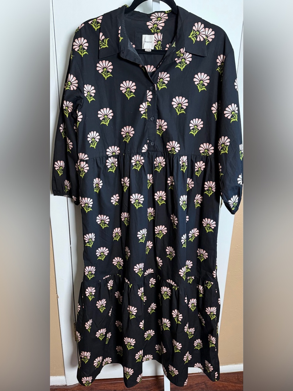 Maeve Anthropologie Bettina Floral Tiered Cotton Midi Shirt Dress